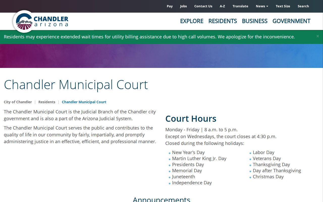 Chandler resident lookup and Municipal Court records contact