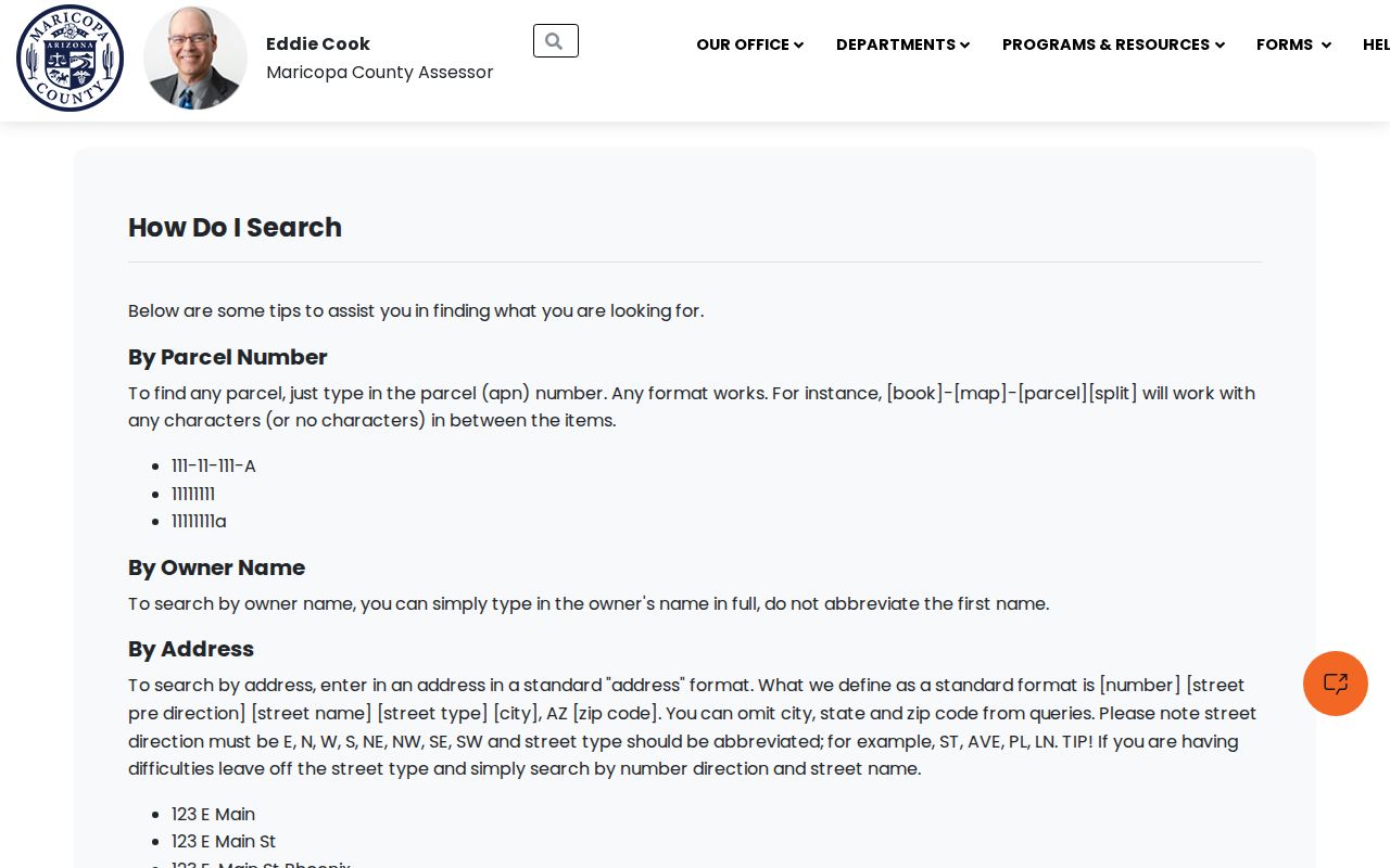 Chandler street directory Assessor address search formats